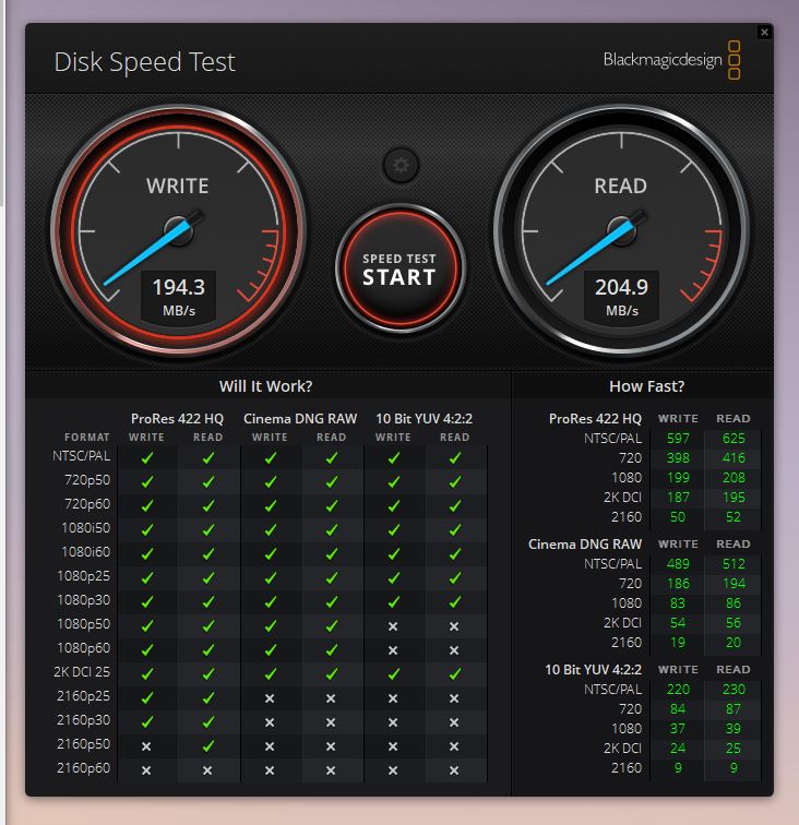 PC内蔵のSDカードリーダーの速度 Blackmagic Disk Speed Test