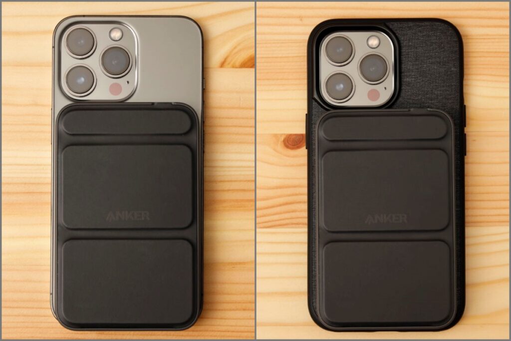 Anker 622 Magnetic BatteryとiPhone 13 Proの装着時のサイズ比較