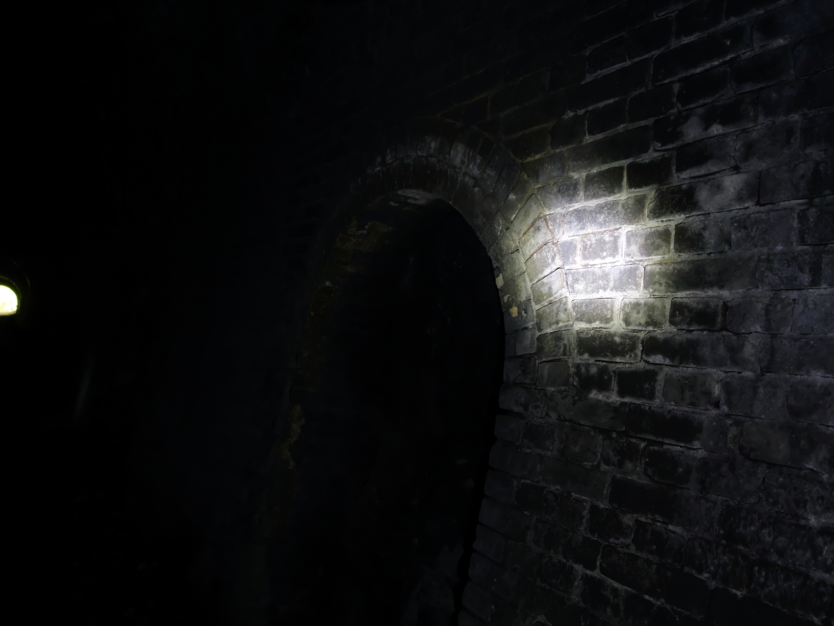 真っ暗のトンネルを電灯で照らす