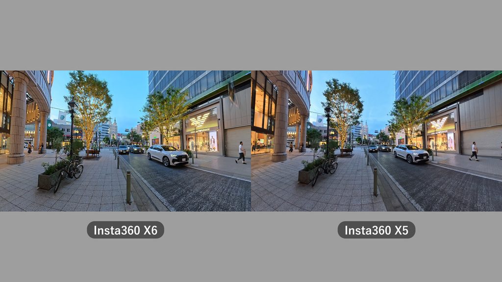 Insta360 X6とX5を薄暗い場所で撮り比べた比較画像。両者の画質差はほとんどない