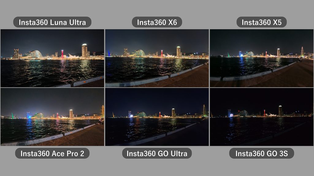 Insta360の6機種で海辺の夜景を同じ条件で撮り比べた暗所画質の比較画像