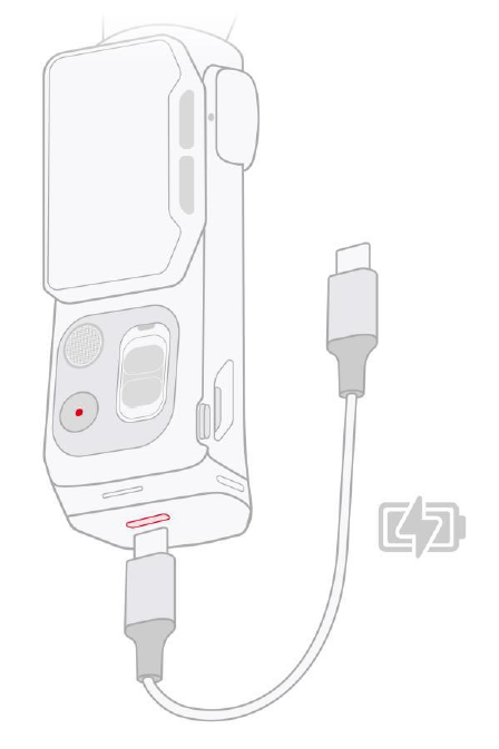USB-Cケーブルをカメラ下部のポートに挿して充電する図