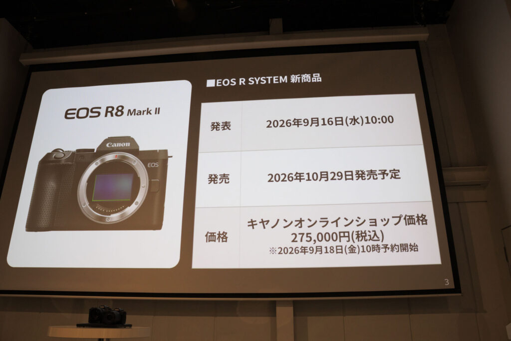 EOS R8 Mark IIの発表日・発売日・価格を紹介するスライド