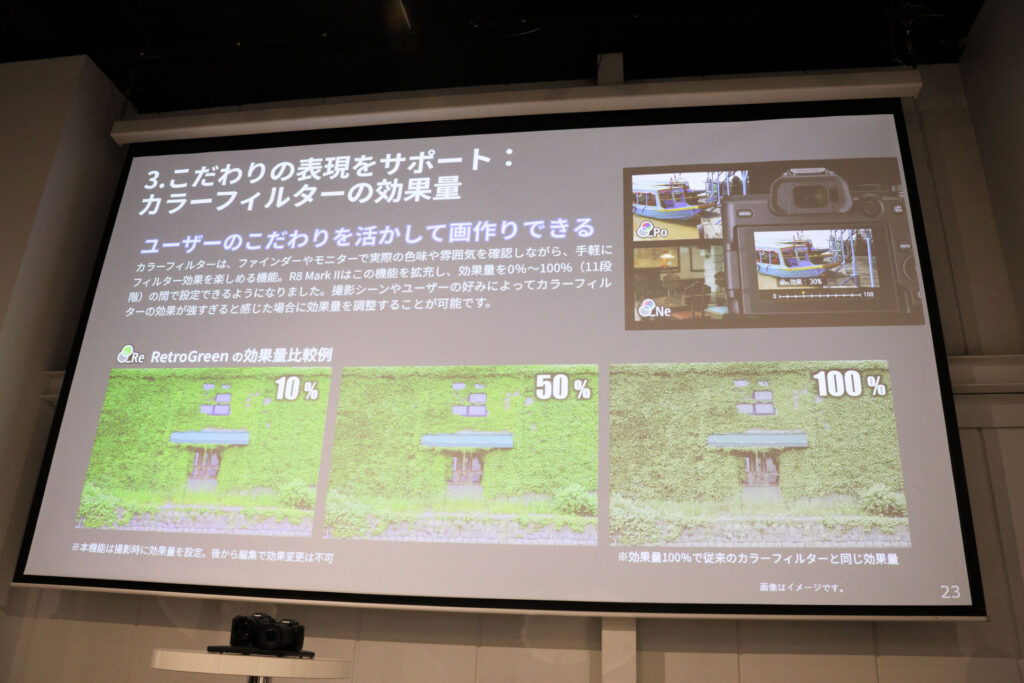 カラーフィルターの効果量を説明するスライド